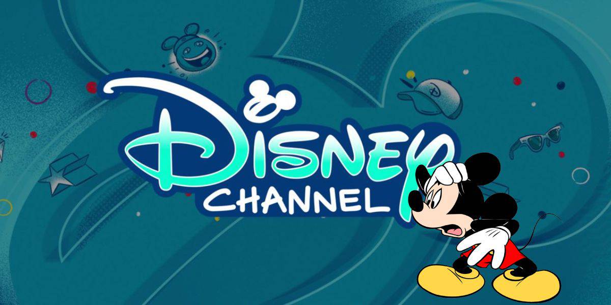 Mickey Mouse is standing with a hand on his forehead, looking at the "Disney Channel" logo. The background is teal with abstract shapes and doodles, including a cap, glasses, and a smiley face.