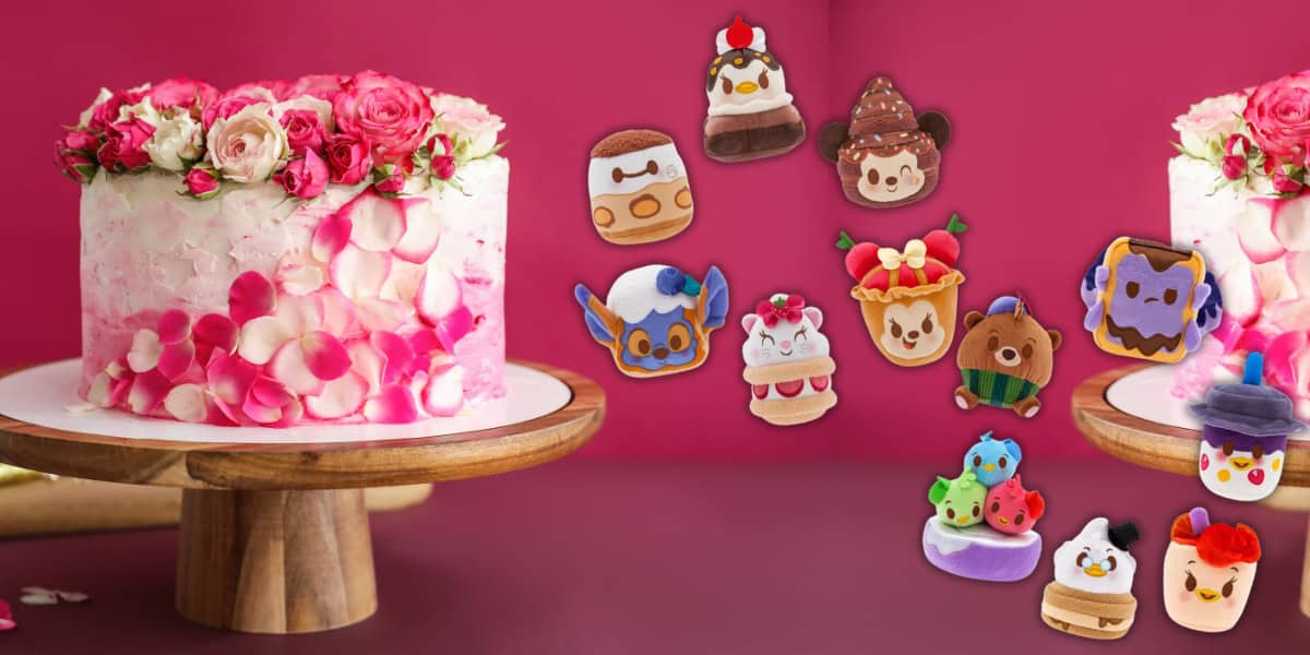 A white and pink frosted cake topped with roses on a wooden stand is set against a pink background. Floating beside it are cute, cartoon-style dessert characters, each with distinct decorations and colors.