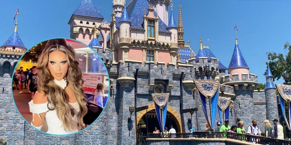 Image of Sleeping Beauty Castle at Disneyland with a photo of Sugar, a drag queen, standing at the park in the foreground.