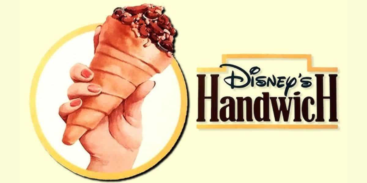 A hand holding an ice cream cone with toppings is pictured next to the text "Disney's Handwich" on a light yellow background.