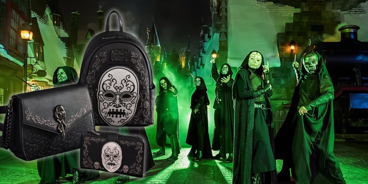A group of robed figures stand in a misty, dimly lit street with glowing green light. In the foreground, there are a backpack, wallet, and cardholder, all adorned with ornate skull designs.