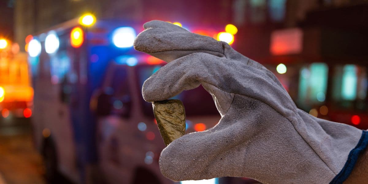 A gloved hand holds a small rock in focus, with a blurred ambulance in the background featuring flashing lights. The scene suggests an emergency or urgent situation at night.