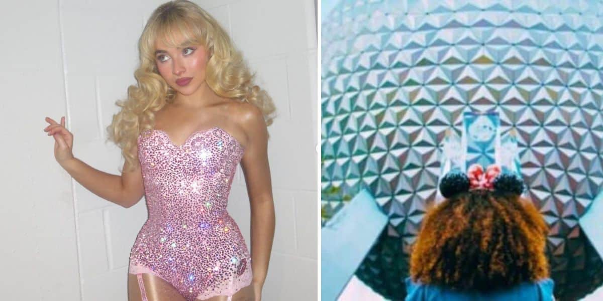 Sabrina Carpenter in a sparkly pink costume poses against a white wall. Nearby, another image captures someone wearing Minnie Mouse ears gazing at Epcot's Spaceship Earth at Disney World, reminiscent of Sabrina Carpenter’s vibrant style.