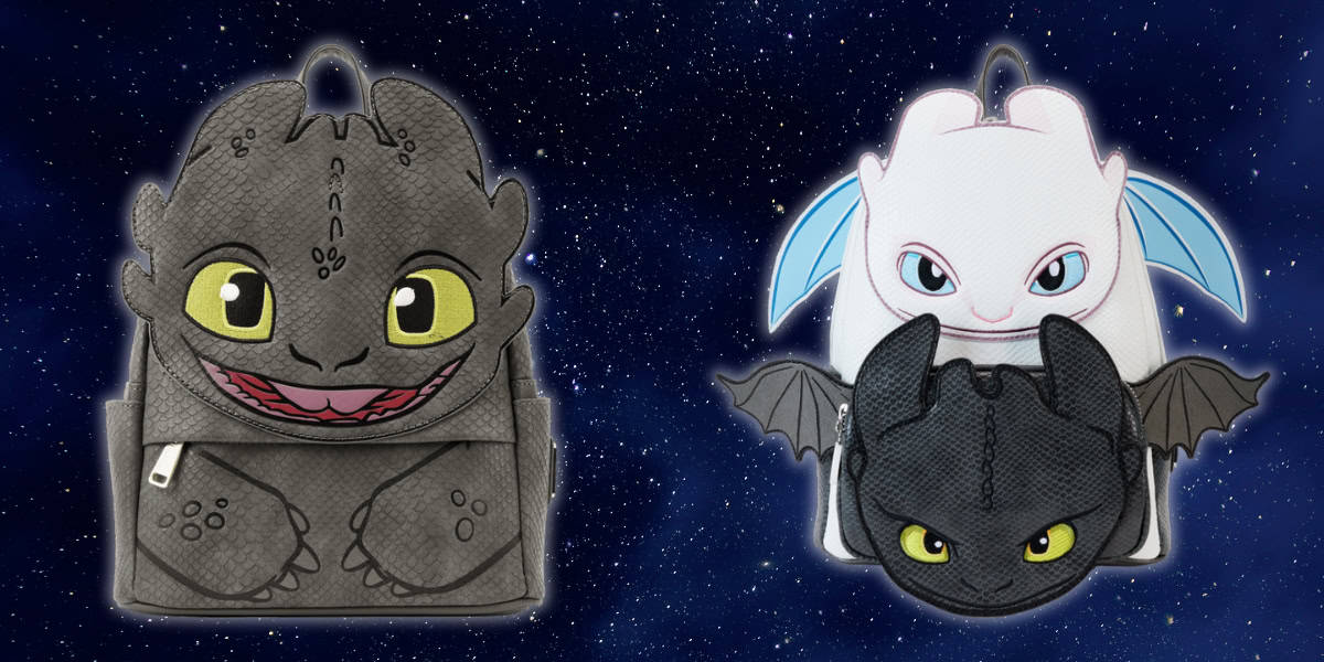 Two cartoon-style dragon backpacks with large eyes, set against a starry night sky. The gray-black backpack resembles a smiling dragon, while the white backpack depicts a playful expression. Both have dragon wings and features.