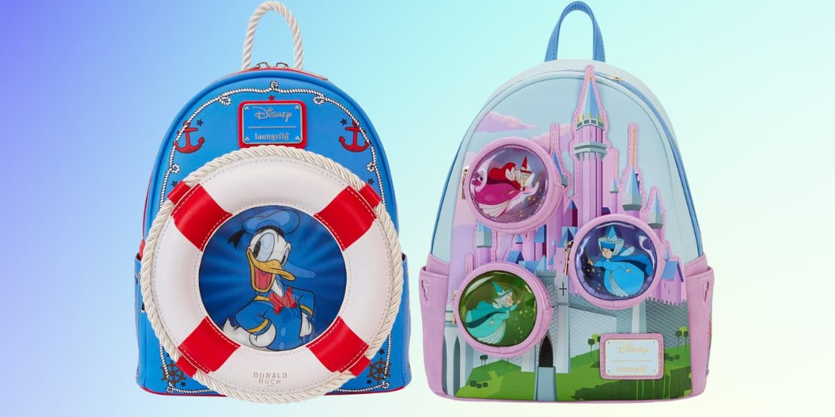 Two colorful backpacks on a gradient background. The left one features Donald Duck with a life preserver and nautical theme. The right one displays a castle with circular windows showing classic Disney characters.