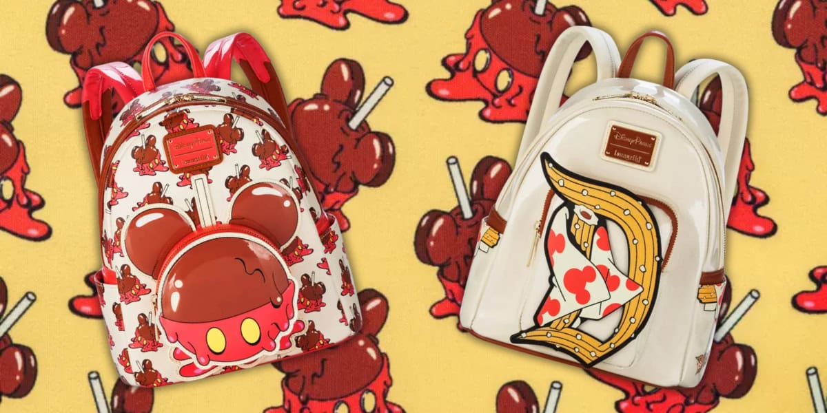 Two backpacks with cartoon designs: the left features a red bubblegum character with ears, eyes, and honey dripping, while the right showcases a banana-shaped character with a red hat and scepter. Background has repeating red character patterns.