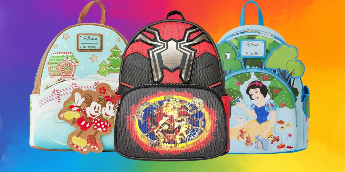 Three colorful backpacks are displayed against a vibrant gradient background. The backpacks feature various designs: a gingerbread-themed design, a superhero theme, and an animated fairy tale scene.