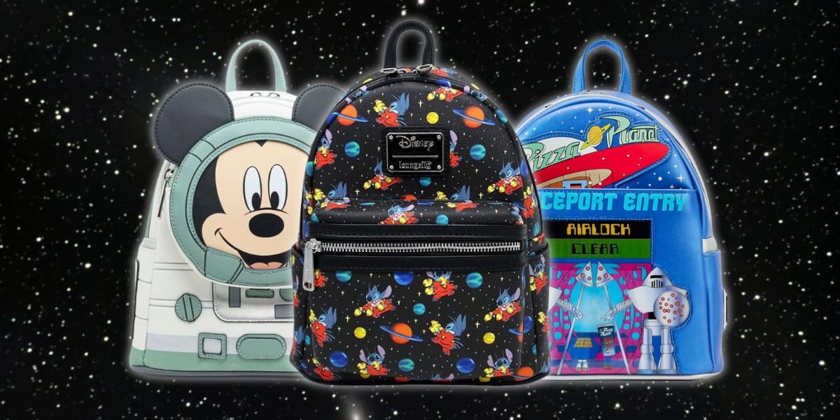 Three colorful Disney-themed backpacks are displayed against a starry black background. One features a cartoon character's face, another has a space-themed pattern, and the third is adorned with retro sci-fi imagery.