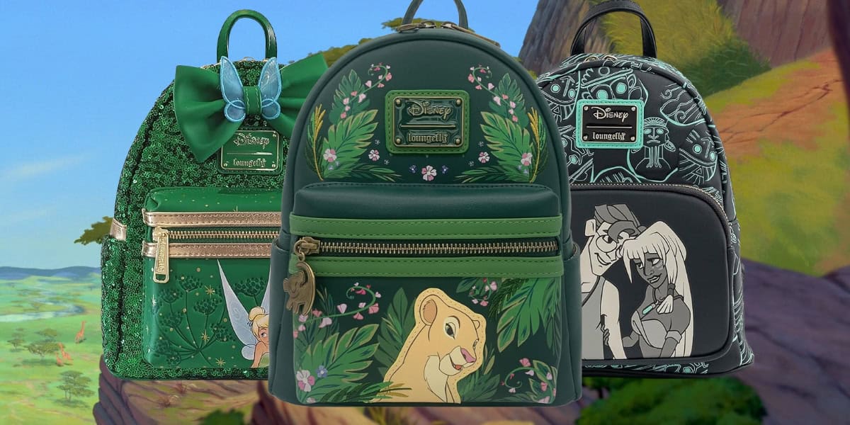 Three Disney-themed backpacks are displayed. The first is glittery green with a bow. The second features a lion cub surrounded by foliage. The third showcases black and white characters with a green tribal design, set against a backdrop of a landscape.