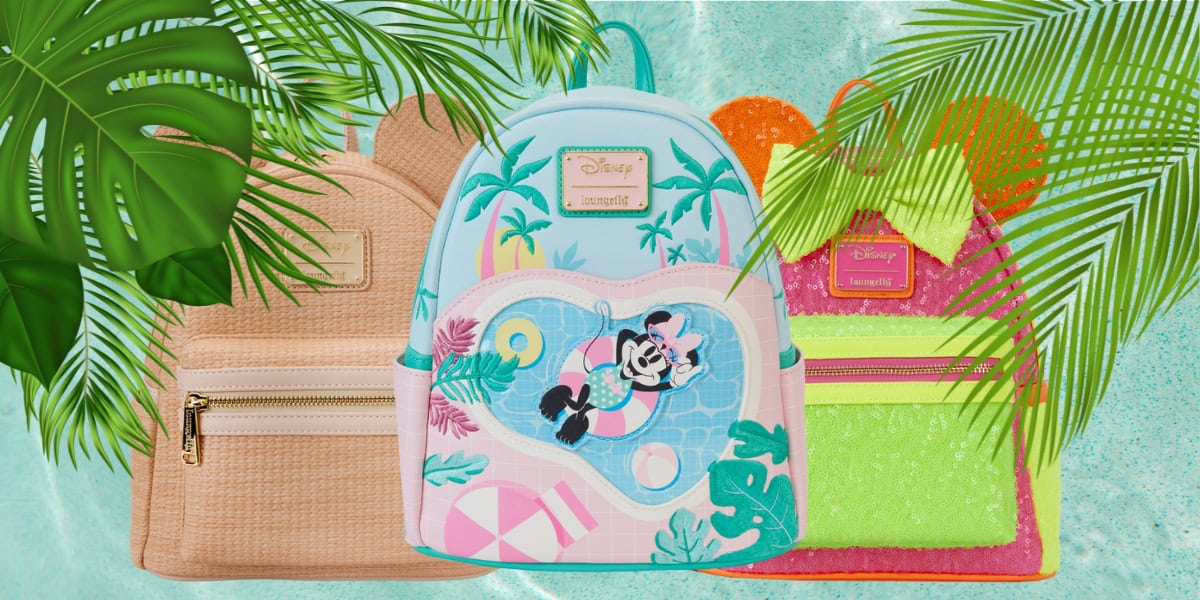 Three colorful backpacks are displayed against a tropical-themed background. The central bag features a design with cartoon characters, while the others have simple, vibrant patterns. Green palm leaves partially frame the image.