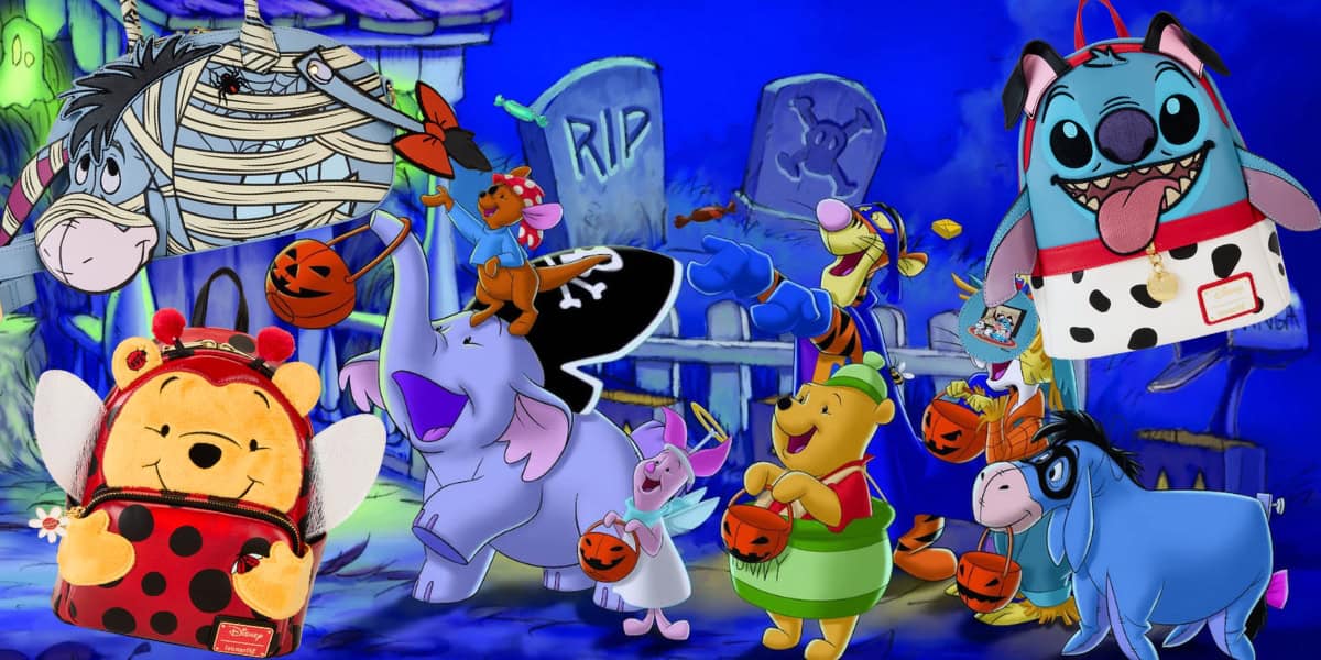 A group of animated characters, including a donkey, bear, and elephant, are dressed in Halloween costumes. They are surrounded by pumpkins and colorful bags, set in a graveyard with tombstones in the background.