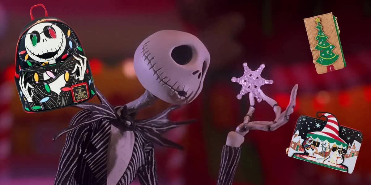 A skeleton character holds a snowflake-shaped object surrounded by Christmas-themed items: a backpack with a skeleton design and two festive wallets, one with a Christmas tree and another with a winter scene and a Santa hat.