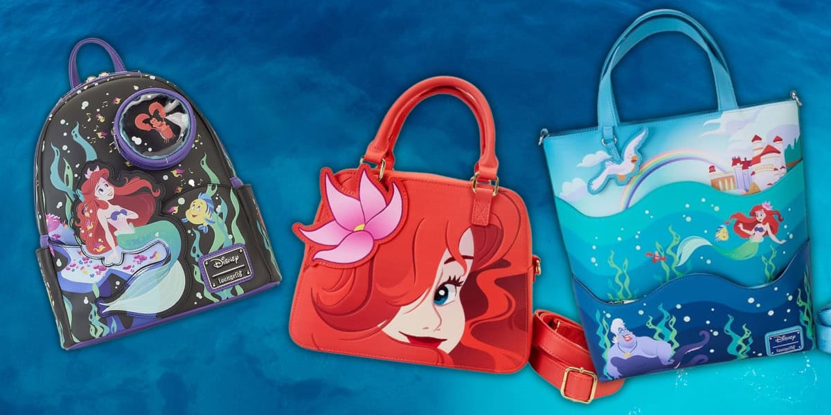 Three stylish bags featuring "The Little Mermaid" designs: a black backpack with Ariel and sea creatures, a red handbag with Ariel's face and a flower, and a blue tote showcasing Ariel and undersea scenes. The background is ocean-themed.