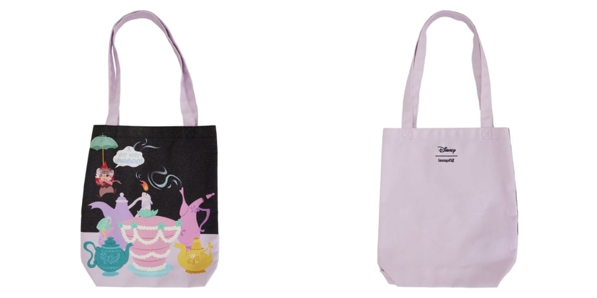 A tote bag is shown from both front and back. The front features a colorful illustration of an animated tea party scene with characters and tea sets, while the back of the bag is plain light pink with the Disney and Loungefly logos in black text at the top center.