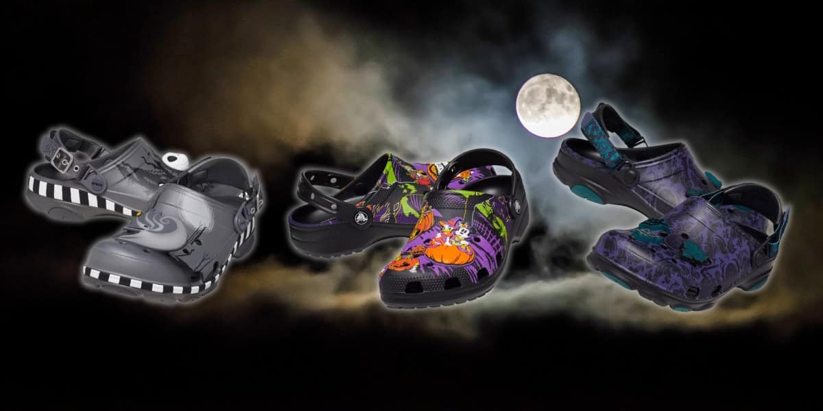 Three pairs of themed shoes in various designs are displayed against a dark, cloudy background with a full moon. The shoes feature colorful, playful patterns including Halloween characters and motifs.