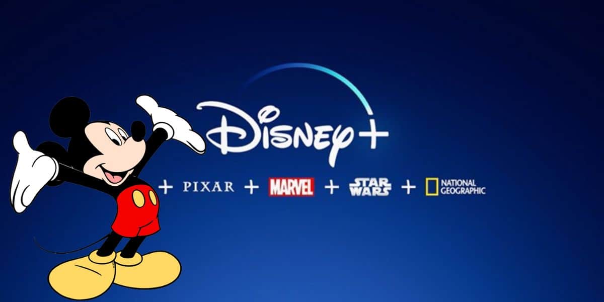 Mickey Mouse stands on the left side of the image with arms open wide, facing a Disney+ logo in the center. Below the Disney+ logo, there are the logos of Pixar, Marvel, Star Wars, and National Geographic on a blue background.