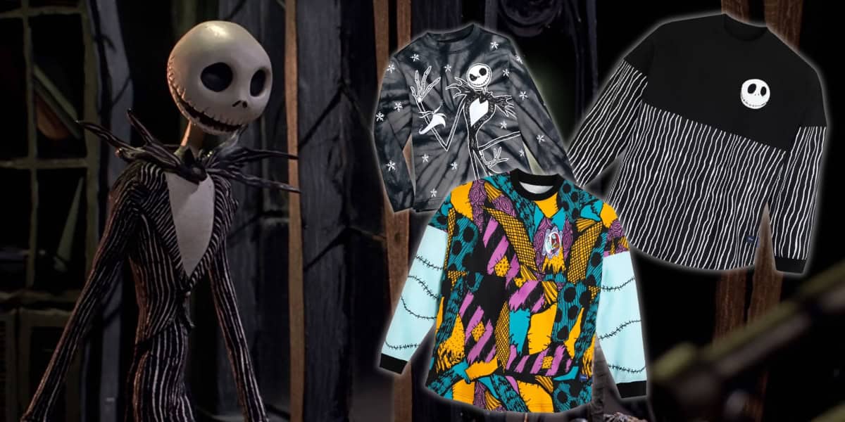 A character in a pinstripe suit stands in a spooky setting. Three different long-sleeve shirts with the character's face and themed designs are displayed around them. The background is dark and eerie, adding to the spooky ambiance.