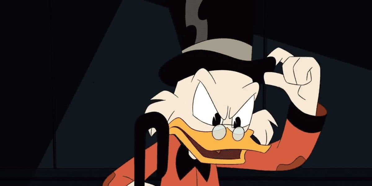A cartoon duck character wearing glasses, a top hat, and an orange jacket is adjusting his hat with one hand and holding a cane in the other, appearing to be in a thoughtful or determined pose.