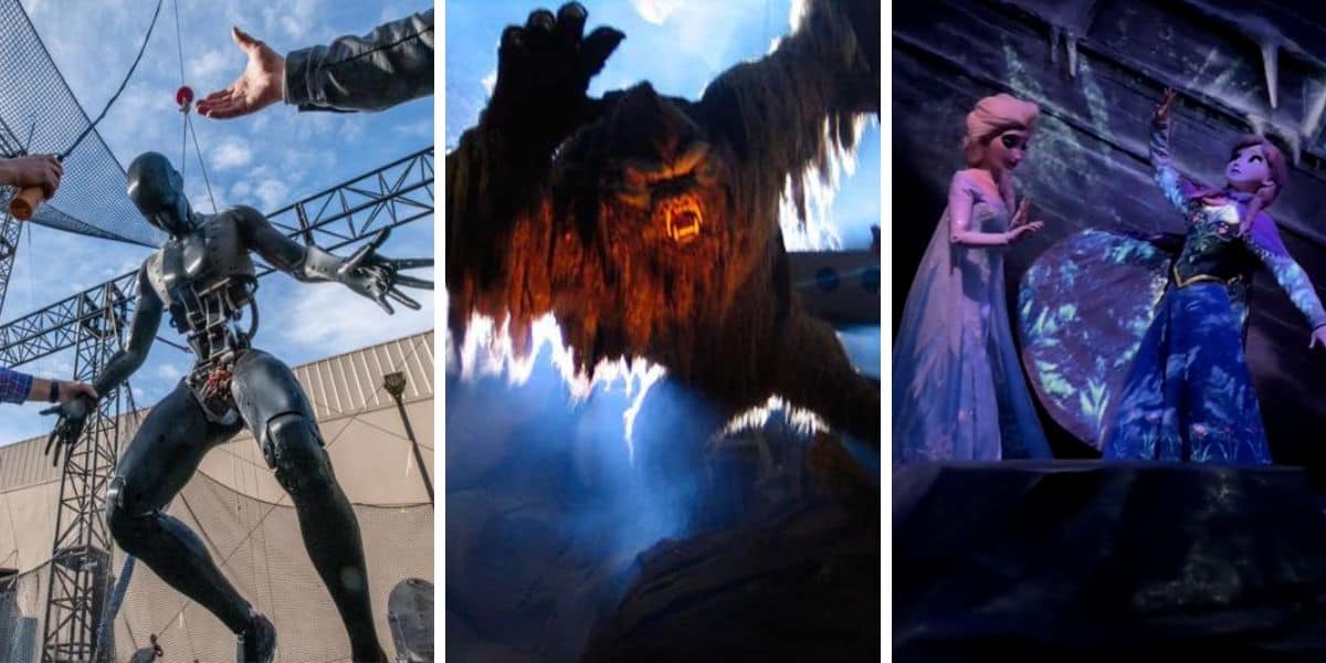 A triptych of theme park attractions: a large Disney animatronic figure being reached for by a hand, a roaring yeti-like creature, and two costumed figures in a snowy cave setting.