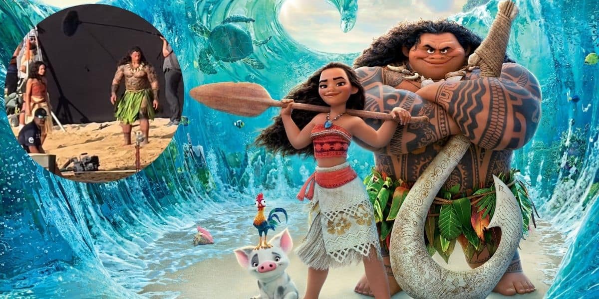 Moana and Maui stand confidently with ocean waves around them. Maui holds a large hook, while Moana holds an oar. Inset shows a person dressed as Maui on a film set, with a microphone and camera visible.