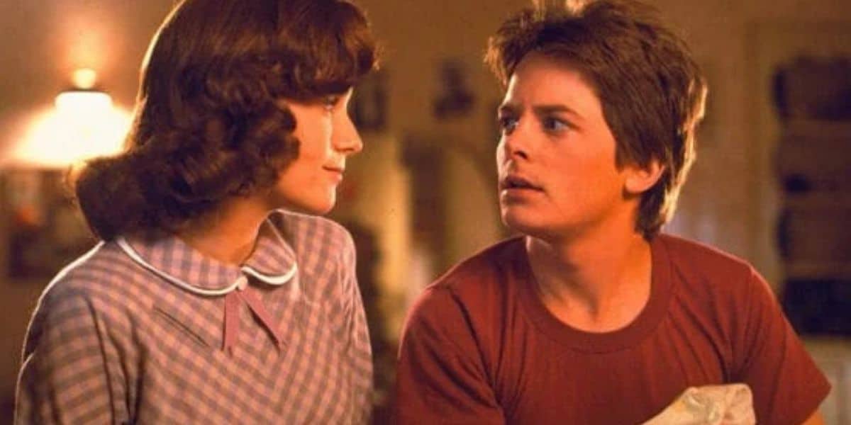 Lea Thompson as Lorraine Baines (L) and Michael J Fox as Marty McFly (R) in 'Back to the Future'