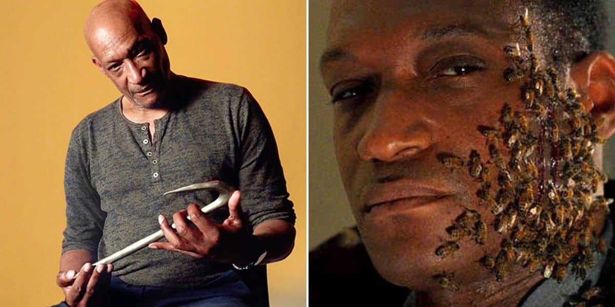 Tony Todd on the left holds a metal hook in a thoughtful pose against a yellow background. On the right, the same man has his face partially covered with bees.