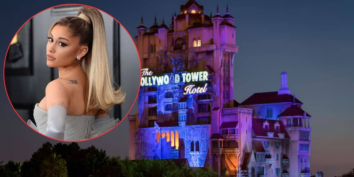 A nighttime view of the Hollywood Tower Hotel, illuminated with purple and orange lights. Inset on the left shows a person with long hair in a ponytail, wearing off-the-shoulder attire and posing for the camera.