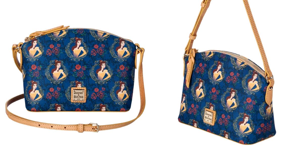 Two views of a handbag featuring a blue pattern with red roses and a woman in a yellow dress. The bag has tan leather straps and a Dooney & Bourke logo patch on the front.