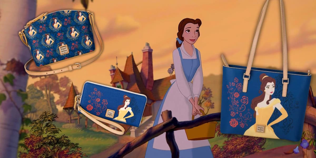 An animated character stands in a village setting. Surrounding her are three bags featuring her image: a blue and yellow tote, a blue wristlet, and a patterned crossbody with roses and her silhouette. A small bird is perched nearby.