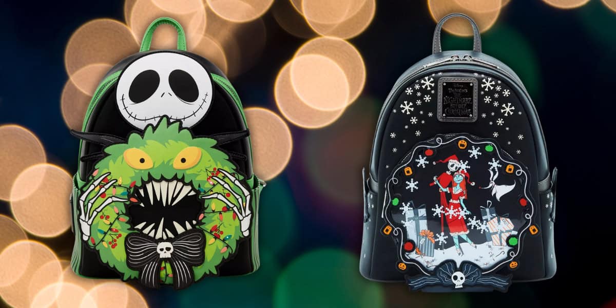 Two Halloween-themed backpacks. The left features a skeleton with a green monster face. The right displays a skeleton character in red, holding snowflakes, surrounded by a ghost dog and pumpkins. Background with blurred circular lights.