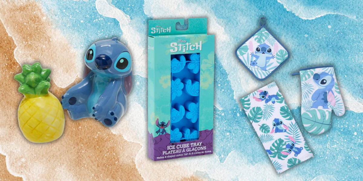 A beach-themed background with Stitch-themed merchandise: a Stitch figurine with a pineapple, a blue ice cube tray, a pouch featuring Stitch, and two tropical leaf-patterned pouches.