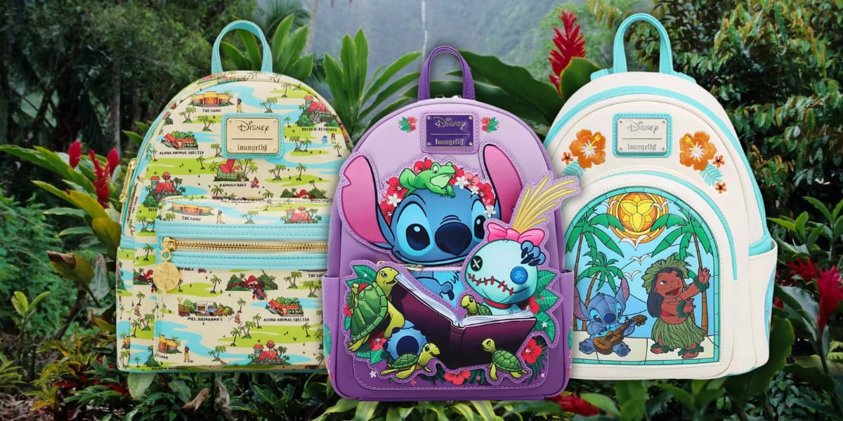 Three colorful Disney-themed backpacks are displayed against a lush, tropical background. Each bag features vibrant characters and scenes, blending animation art with tropical motifs.