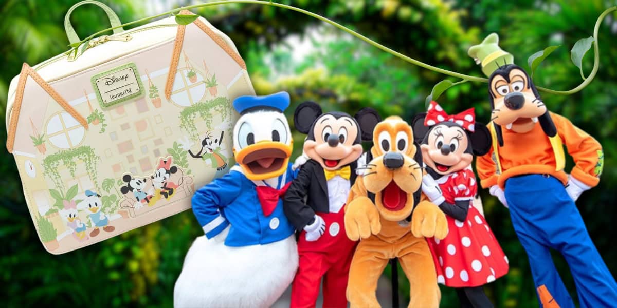 A group of five Disney characters, including Donald Duck, Mickey Mouse, Pluto, Minnie Mouse, and Goofy, stand joyfully in front of a lush green background. To the left, there's a Disney-themed bag with cartoon illustrations of the same characters.