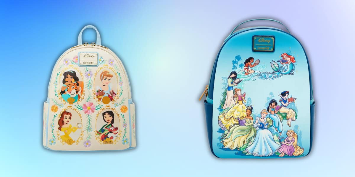 Two backpacks featuring Disney princesses. The left bag is white with portraits of different princesses surrounded by flowers. The right bag is blue, depicting several princesses in a group pose.