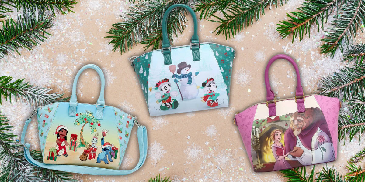 Three colorful handbags with Christmas-themed Disney designs are arranged on a snowy background with green pine branches. The bags feature characters like Mickey Mouse with a snowman, Lilo & Stitch, and Belle & the Beast.