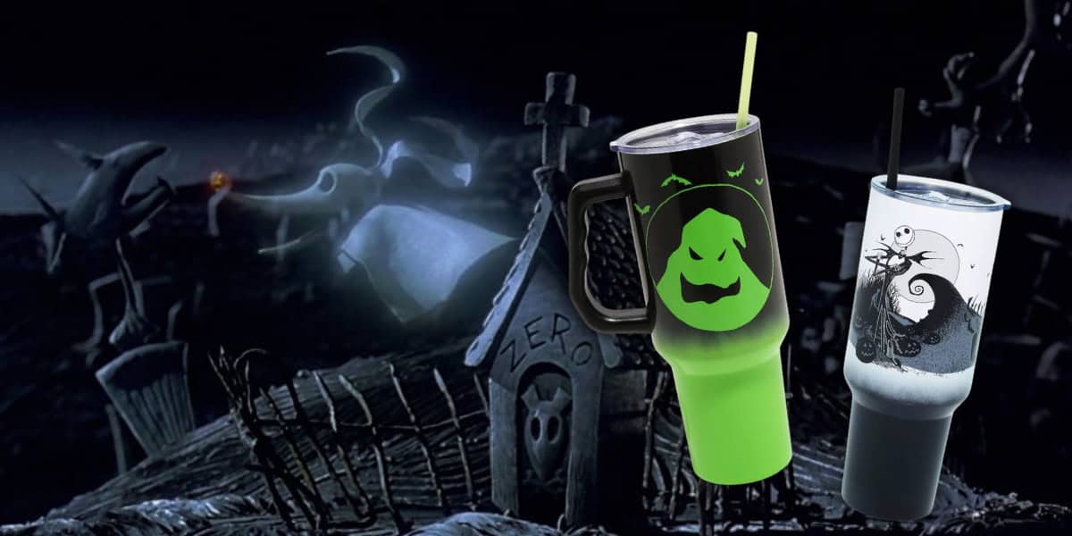 Two cups with Halloween-themed designs: one with a green face and black and green color scheme, the other featuring a black-and-white skeleton character. They are set against a dark, spooky graveyard background.
