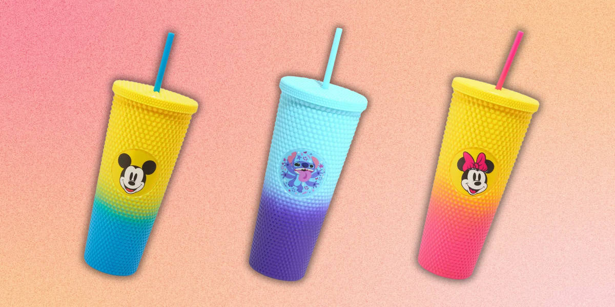 Three textured tumblers are displayed against a gradient background. The left is yellow with a Mickey Mouse design, the middle is blue-purple with a Stitch design, and the right is pink-yellow with a Minnie Mouse design. Each tumbler has a matching straw.
