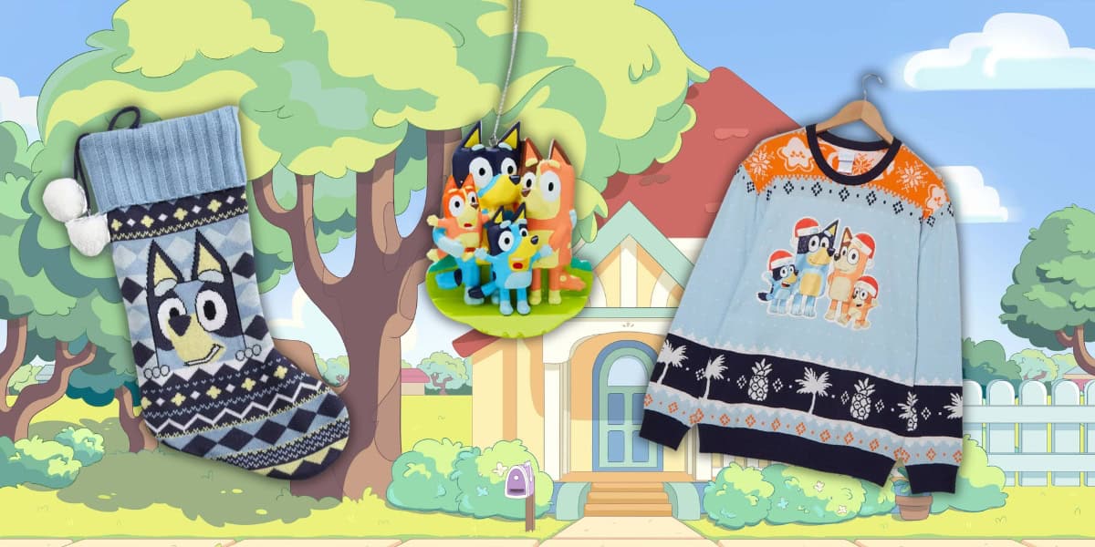 Bluey-themed Christmas merchandise includes a cozy sweater, patterned sock, and colorful ornament, all featuring characters from the animated series, set against a cheerful backyard background.