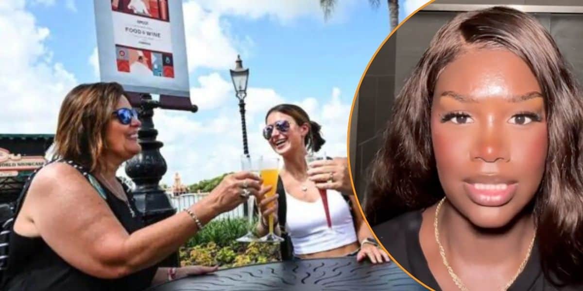 Left: Women Drinking Around the World at EPCOT. Right: A woman speaking into her phone camera in a bathroom.