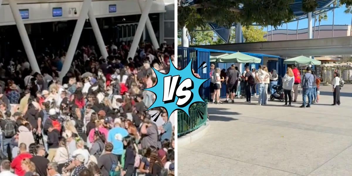 Split image comparison: Left side shows a long line for Disneyland Resort security. Right side shows a much shorter line at a different checkpoint. In the middle is a blue graphic reading "VS."