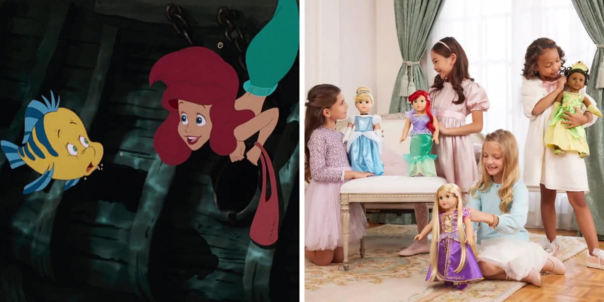 Left side: Animated mermaid with a red-haired mermaid and yellow-blue fish underwater. Right side: Four girls dressed in pastel outfits playing indoors with various themed dolls, including a mermaid.