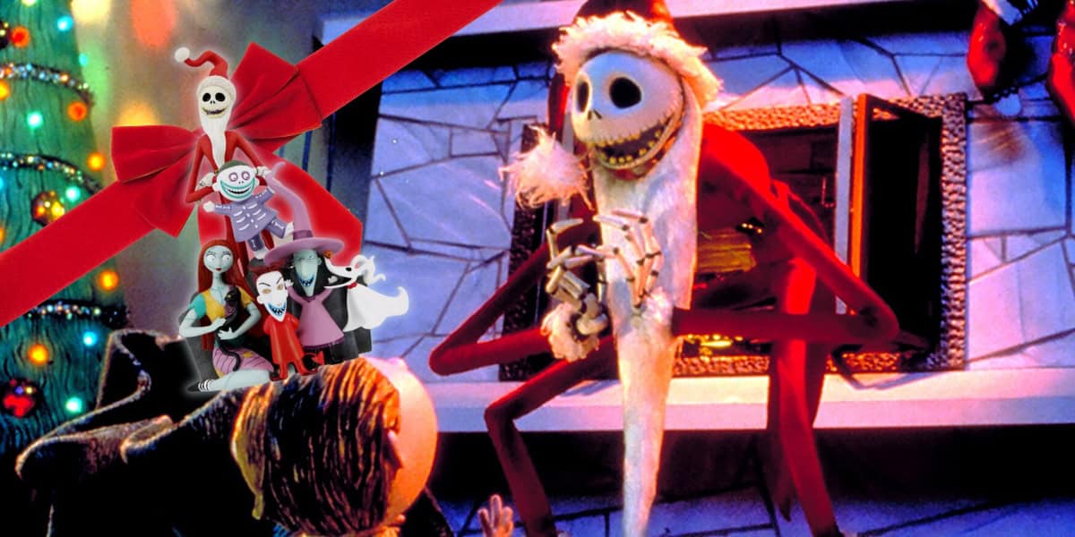 A stop-motion animated scene featuring a skeleton character dressed as Santa Claus sitting in front of a fireplace. He holds a list while an intrigued character in the foreground looks on. A festive, spooky atmosphere fills the room.