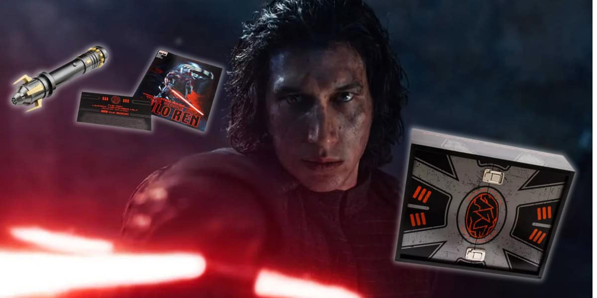 A dark-haired person wielding a glowing red lightsaber stands in a dim setting. Floating nearby are Star Wars-themed merchandise items, including a lightsaber hilt, a game card, and a box with a red and black design.