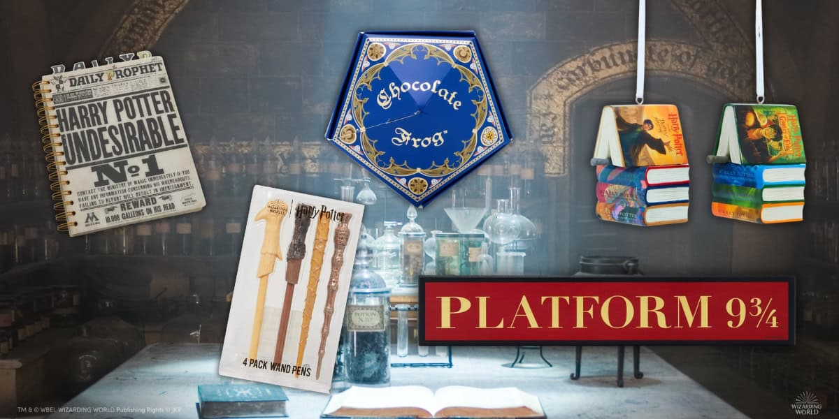 A collection of Harry Potter-themed memorabilia including a Daily Prophet notebook, Chocolate Frog sign, Platform 9¾ sign, wand pens, and book ornaments, all set in front of a magical apothecary background.