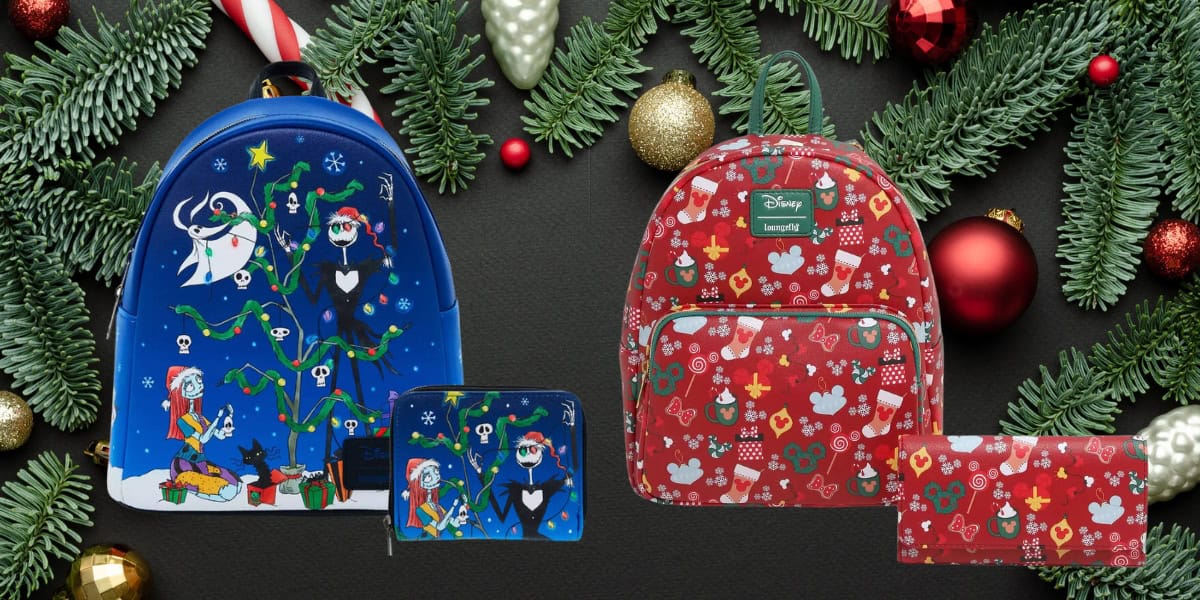 Two designer backpacks and wallets on a festive background with pine branches and Christmas ornaments. The left set has a blue and black holiday design, and the right set is red with white Christmas-themed patterns.
