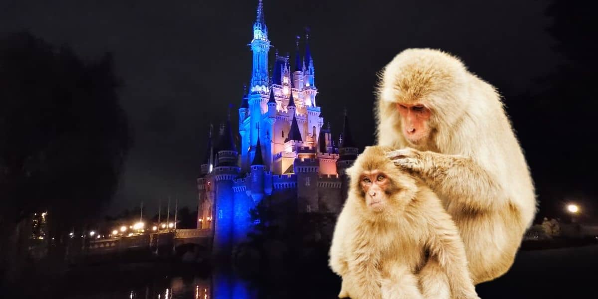 Two monkeys are grooming each other in the foreground, while a brightly lit castle, enveloped in a nighttime setting, stands in the background.