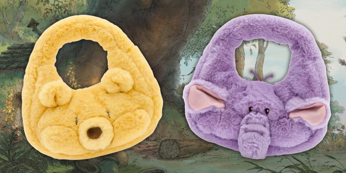 Two plush handbags are displayed. The left bag resembles a yellow bear's face, while the right one resembles a purple elephant with ears and trunk. The background features a forest setting with trees and greenery.