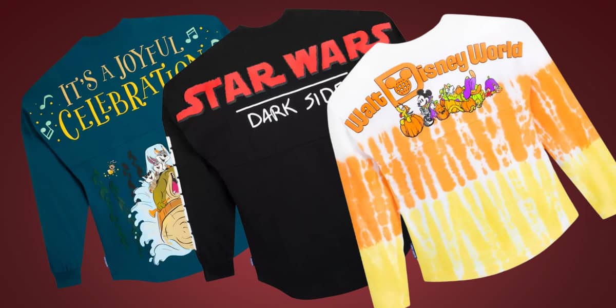 Three long-sleeve shirts are displayed: one with "It's a joyful celebration" and a tiger on a teal background, a "Star Wars Dark Side" black shirt, and a tie-dye orange shirt with "Walt Disney World" and Halloween-themed graphics.