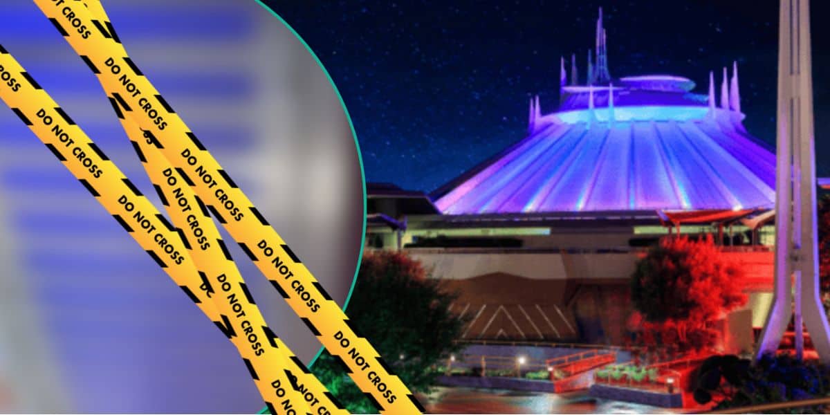 Left: A blurred image of missing screws on a panel, with "DO NOT CROSS" tape edited over it. Right: Space Mountain at Disneyland at night.