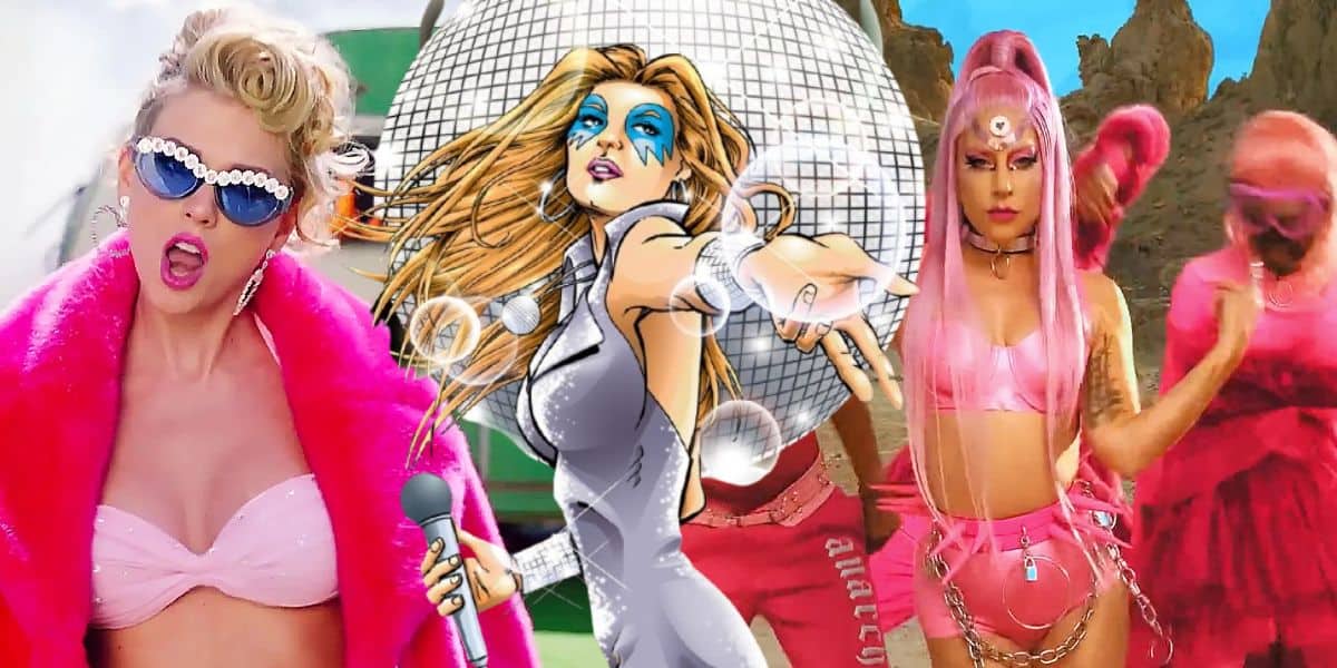 Taylor Swift (left) and Lady Gaga (right) in pink costumes in music videos with Dazzler from Marvel Comics in the middle